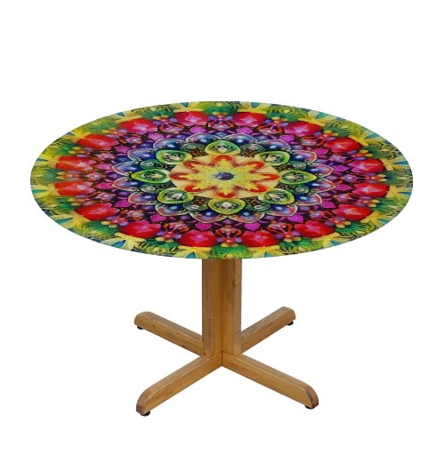 Shangniulu Round Table with Elastic Edge, Arrangement with Geometric Zigzag Shape and Blossoming Flowers Bohemian,for Dining Tables, Parties and Camping