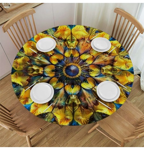 Shangniulu Yellow and Blue Round Fitted Table, with Floral Ornamental Fantasy Rays Pattern, Elastic Edge, Suitable for Restaurant Kitchen Parties