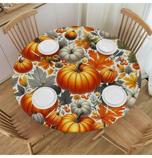 Shangniulu  Round Table Fitted Table Cover with Elastic Edged Pumpkin Leaves Pattern Waterproof Table  for Party Kitchen Dining Indoor Outdoor Table