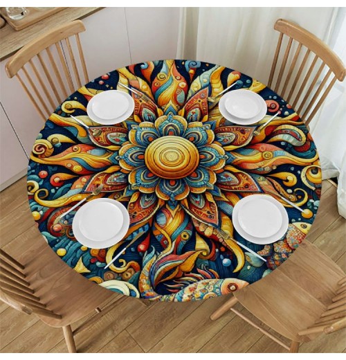 Shangniulu  Round Table Fitted Table Cover with Elastic Edged Ethnic Mandala Flower Floral Fish Waterproof Table  for Party Kitchen Dining Indoor Outdoor Table