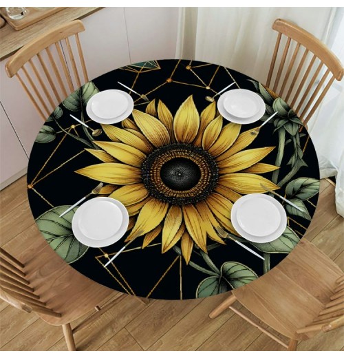 Shangniulu  Round Table Fitted Table Cover with Elastic Edged Geometry Summer Sunflower Waterproof Table  for Party Kitchen Dining Indoor Outdoor Table