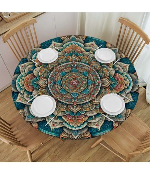 Shangniulu Round Table Fitted Table Cover with Elastic Edged Floral Ethnic Mandala Boho Waterproof Table  for Party Kitchen Dining Indoor Outdoor Table