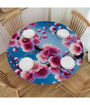 Shangniulu  Round Fitted Table Cherry Blossom Flower Floral Blue Table  with Elastic Edged Waterproof Wipeable Round Table Cover for Patio Parties Outdoor Decor