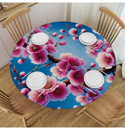 Shangniulu  Round Fitted Table Cherry Blossom Flower Floral Blue Table  with Elastic Edged Waterproof Wipeable Round Table Cover for Patio Parties Outdoor Decor