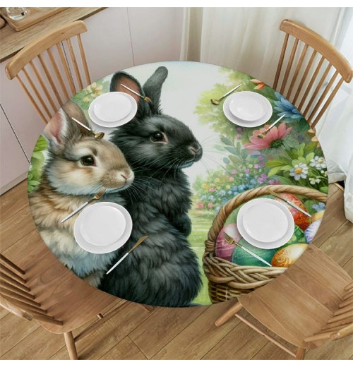 Shangniulu Round Table Fitted Waterproof Table Cover Easter Spring Flower Rabbit ,Elastic Edged Washable Table s for Kitchen Dinning Picnic Party Decor