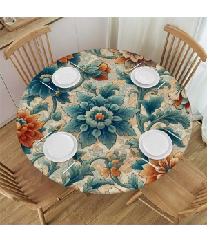 Shangniulu Round Table Fitted Waterproof Table Cover Watercolor Retro Flower,Elastic Edged Washable Table s for Kitchen Dinning Picnic Party Decor Purple Leaves on Short Plush