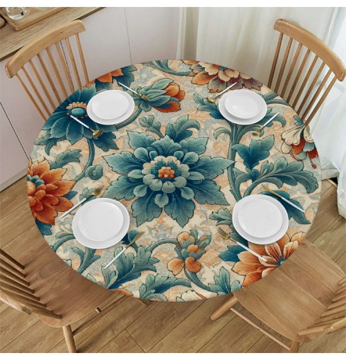 Shangniulu Round Table Fitted Waterproof Table Cover Watercolor Retro Flower,Elastic Edged Washable Table s for Kitchen Dinning Picnic Party Decor Purple Leaves on Short Plush