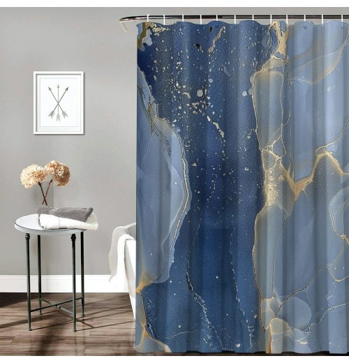 Shangniulu Stall Shower Curtain with Hooks Shower Stall Curtain Light Blue Marble Gold Shower Curtain for Bathroom/RV and Camper