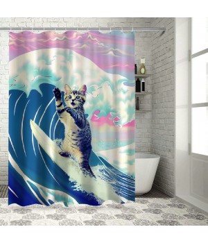 Shangniulu Funny Cat Shower Curtain, Surfer Cat Shower Curtain Battle Blue Ocean for Bathroom with Hooks, Waterproof Kids Bath Shower Curtain Decorative