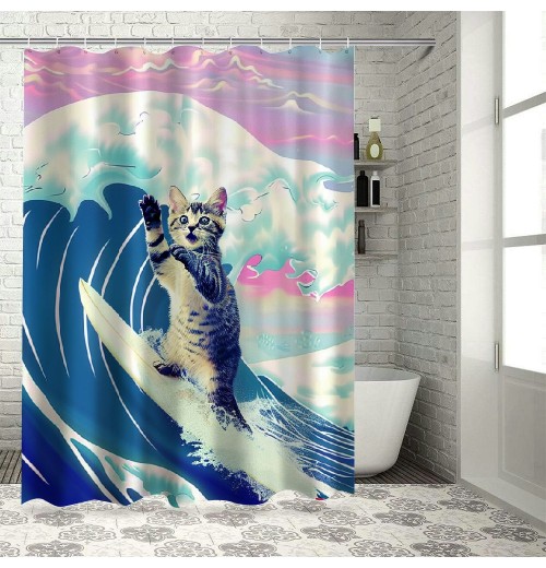 Shangniulu Funny Cat Shower Curtain, Surfer Cat Shower Curtain Battle Blue Ocean for Bathroom with Hooks, Waterproof Kids Bath Shower Curtain Decorative