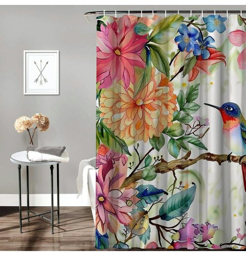 Shangniulu Hummingbird Shower Curtain for Bathroom with Hooks, Polyester Fabric Shower Curtain Set Waterproof Bath Curtain Home Spring Summer Bath Curtain