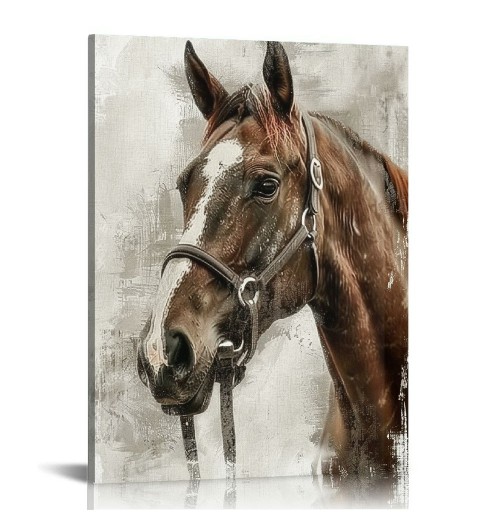 QKZF Vintage Horse Canvas Wall Art Brown Horse Canvas Pictures Wall Decor Farmhouse Animals Canvas Painting Rustic Artwork Canvas Prints Living Room Bedroom Bathroom Office Home Wall Decoration