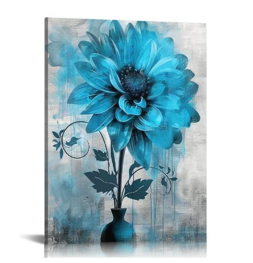 QKZF Abstract Flowers Wall Art Teal Flower Canvas Pictures Rustic Blossom Canvas Painting for Bedroom Bathroom Wall Decor Modern Teal Grey Canvas Prints Contemporary Botanical Wall Art