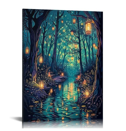 QKZF Halloween Fantasy Forest Canvas Wall Art, on Trees Blue Poster for Aesthetic, Picture Print Decor