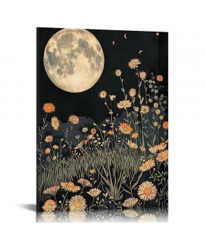 QKZF Vintage Moon Flowers Canvas Wall Art, Retro Mystical Moon Poster, Rustic Yellow Wildflower Print, with Botanical Floral Wall Decor