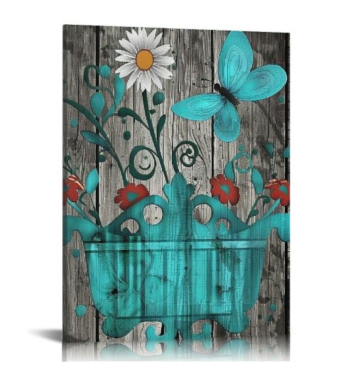 QKZF Bathroom Wall Art Daisy Canvas Pictures Modern Flower Bathtub Artwork Rustic Wood Board Background Contemporary Wall Art Decor Bedroom Living Room Office Home Framed Ready to Hang