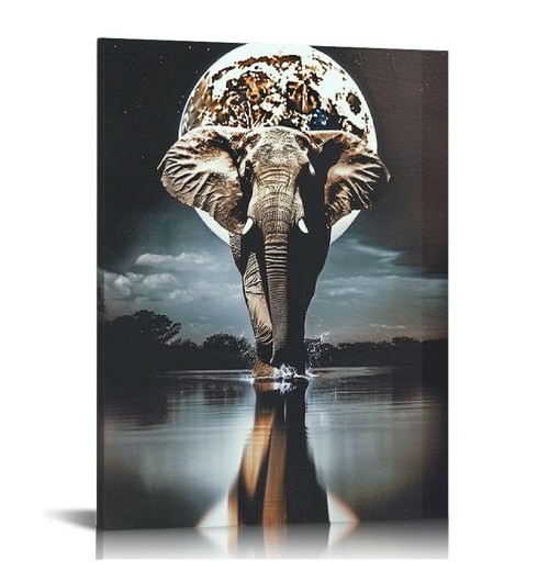 QKZF Moon Canvas Wall Art Black And White Wall Decor Elephant Wall Painting For Living Room Home Decor Ready To Hang