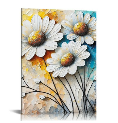 QKZF White Flowers Textured Canvas Wall Art for Living Room, Canvas Wall Art Floral Artwork Modern Flower Pictures Wall Decor Framed Bathroom Bedroom Home (White Flowers)