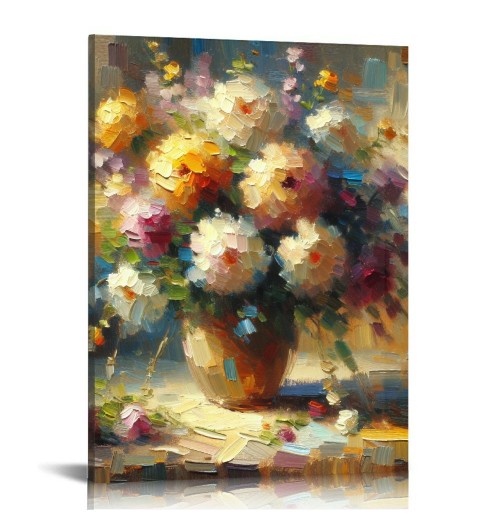 QKZF Vase with Chinese Asters and Gladioli Canvas Prints Wall Art by Famous Oil Paintings Reproduction Modern Abstract Flowers Artwork Pictures for Living Room Home