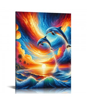 QKZF Dolphin Sunset Canvas Wall Art Animal Painting Art Decor Prints Picture of Dolphins Jumping Out of Water Framed Ready to Hang