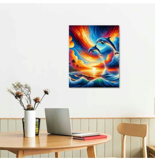 QKZF Dolphin Sunset Canvas Wall Art Animal Painting Art Decor Prints Picture of Dolphins Jumping Out of Water Framed Ready to Hang