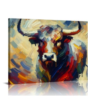 QKZF Cow Canvas Wall Art Colorful Animal Modern Artwork Living Bedroom Bathroom Home Office Decor Framed