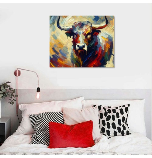 QKZF Cow Canvas Wall Art Colorful Animal Modern Artwork Living Bedroom Bathroom Home Office Decor Framed