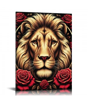 QKZF Lion Framed Canvas Wall Art Red Roses Wall Decor Captivating Close-up of Lion's Face Perfect Modern Home Decor for Living Room Home Bedroom Decoration