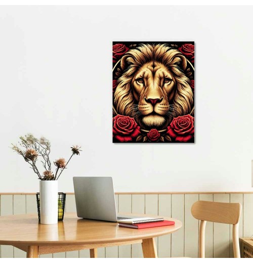 QKZF Lion Framed Canvas Wall Art Red Roses Wall Decor Captivating Close-up of Lion's Face Perfect Modern Home Decor for Living Room Home Bedroom Decoration