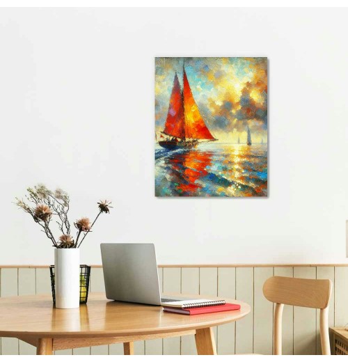 QKZF Abstract Canvas Wall Art Sailboat Oil Paintings for Home Decoration Contemporary Vertical Texture Wall Art Ship Artwork Ready to Hang