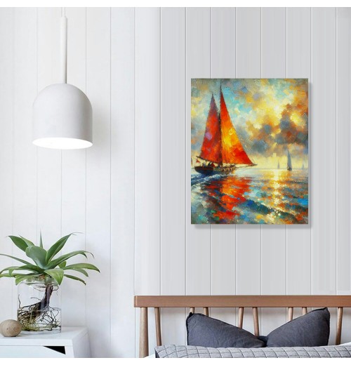 QKZF Abstract Canvas Wall Art Sailboat Oil Paintings for Home Decoration Contemporary Vertical Texture Wall Art Ship Artwork Ready to Hang