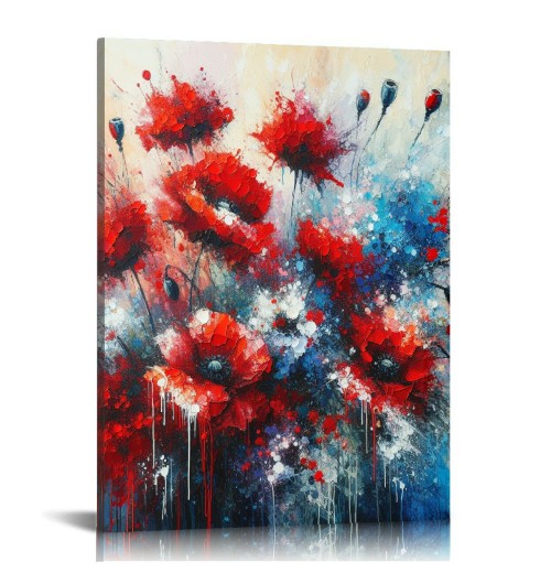 QKZF Abstract Flowers Wall Art Framed Red Bouquet Pictures Artwork Print Painting on Canvas Modern Abstract Painting Textured Flower Pictures for Living Room Bedroom Bathroom Decor