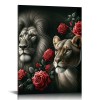 QKZF Lion Framed Canvas Wall Art Red Rose Decor Lion Animal Canvas Print Enchanting Decor for Living Room Home Bedroom Ready to Hang