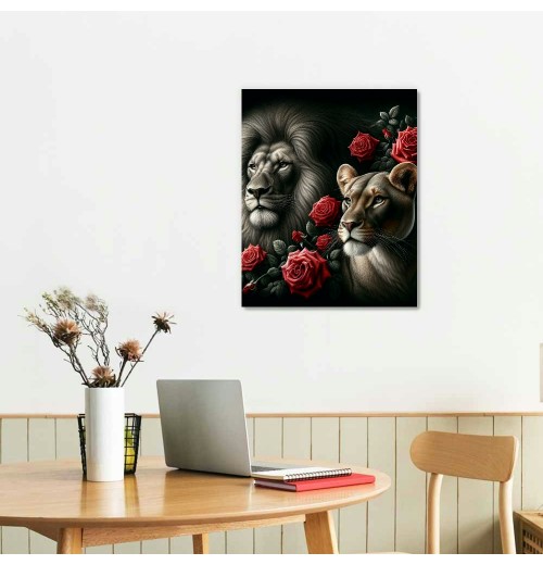 QKZF Lion Framed Canvas Wall Art Red Rose Decor Lion Animal Canvas Print Enchanting Decor for Living Room Home Bedroom Ready to Hang