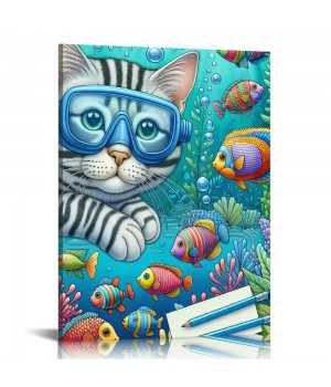 QKZF Cat's Framed Canvas Wall Art Diving Scene Ready to Hang Ideal for Living Room Home Bedroom Decoration