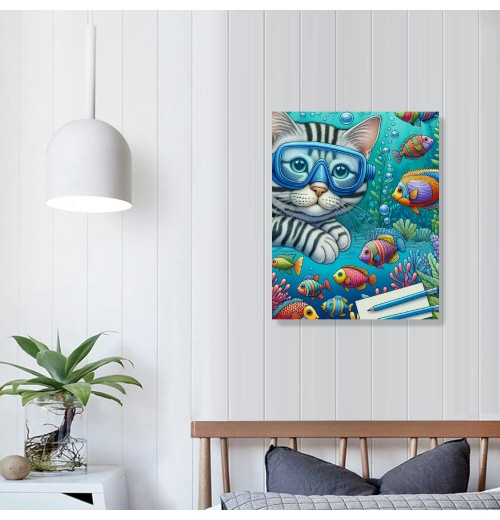 QKZF Cat's Framed Canvas Wall Art Diving Scene Ready to Hang Ideal for Living Room Home Bedroom Decoration