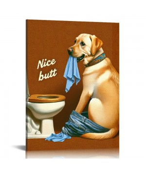 QKZF Dog and Toilet Paper Bathroom Wall Art Your Napkin Modern Poster Artwork Restroom Decoration Framed Oil Painting