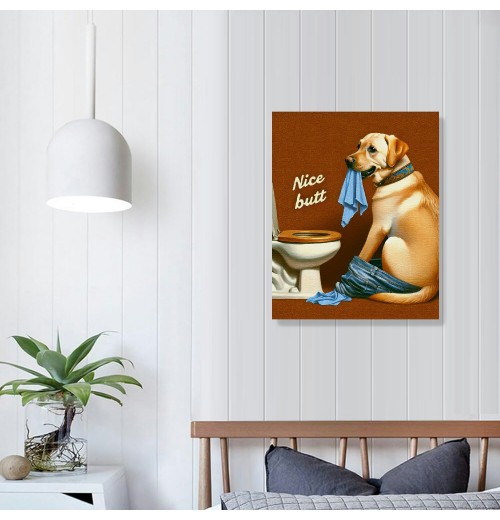 QKZF Dog and Toilet Paper Bathroom Wall Art Your Napkin Modern Poster Artwork Restroom Decoration Framed Oil Painting