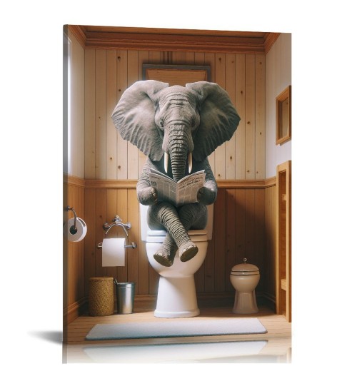 QKZF Elephant Canvas Wall Art Seated on the Home Decor for Bathroom or Framed Artwork Ready to Hang