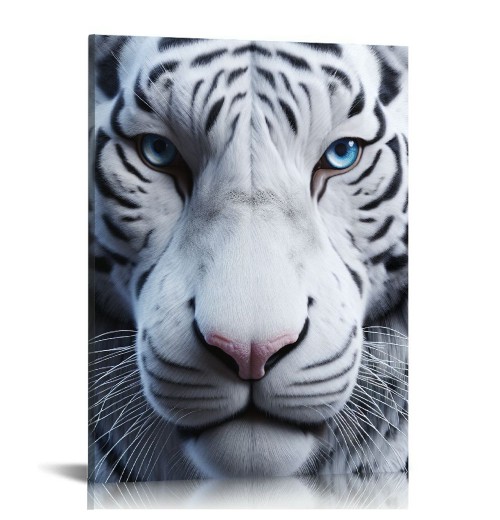 QKZF White Wall Art Wild Animal Portrait Picture Wall Decor Blue Eyed Tiger Prints on Canvas Posters Modern Home Decor for Living Room Kids Room Stretched and Framed Artwork