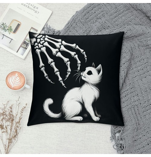 PHYHOO Gift， Skull Hand and Gray Cat Throw pillow Covers Hallowmas Farmhouse Outdoor Room Throw pillowcase Short Plush Sofa Couch Decorative Cushion Case