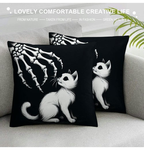 PHYHOO Gift， Skull Hand and Gray Cat Throw pillow Covers Hallowmas Farmhouse Outdoor Room Throw pillowcase Short Plush Sofa Couch Decorative Cushion Case