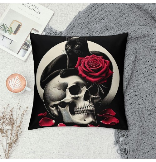 PHYHOO Red Rose Skull and pillow Covers Hallowmas Thanksgiving Farmhouse Outdoor Room Throw pillowcase Short Plush Sofa Couch Decorative Cushion Case