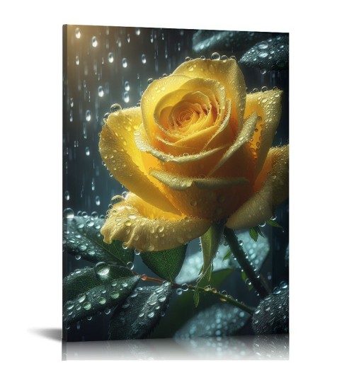 QKZF Canvas Print Wall Art Decor,Yellow Roses In The Rain Wall Art Print, Print Wall Decor, Suitable For Office Study Wall Decoration