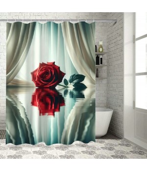 Shangniulu Water Red Rose Shower Curtain, Modern Printed Bathroom Decoration, Waterproof Fabric Rose Shower Curtain With Hooks