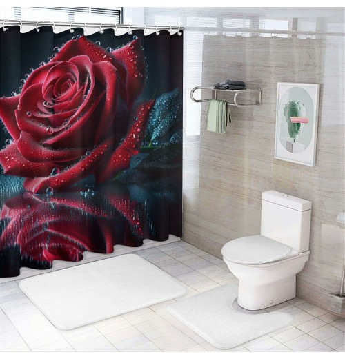 Shangniulu Modern Style Printed Shower Curtain, Bright Red Rose Bathroom Decorative Shower Curtain, Modern Tarp Shower Curtain With Hooks