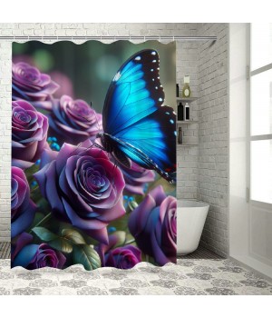 Shangniulu Butterfly Shower Curtains for Bathroom, Romantic Flower Shower Curtains Set for Bathroom Decor