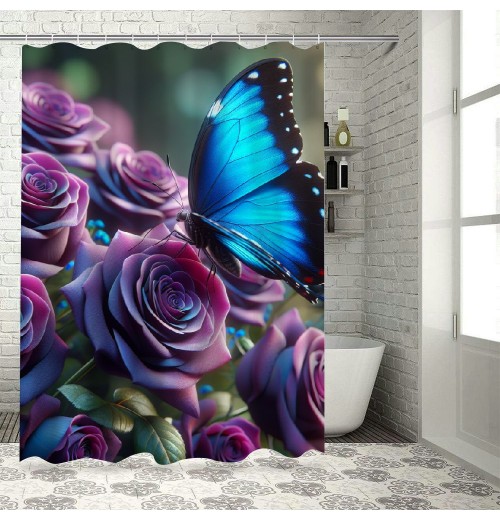 Shangniulu Butterfly Shower Curtains for Bathroom, Romantic Flower Shower Curtains Set for Bathroom Decor