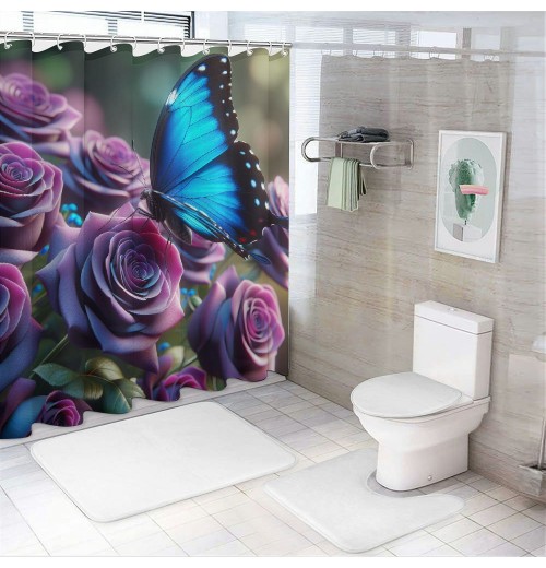 Shangniulu Butterfly Shower Curtains for Bathroom, Romantic Flower Shower Curtains Set for Bathroom Decor