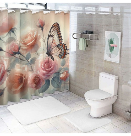 Shangniulu Modern Style Printed Shower Curtain, Butterfly Shower Curtains for Bathroom, Romantic Flower Bathroom Decor Shower Curtains